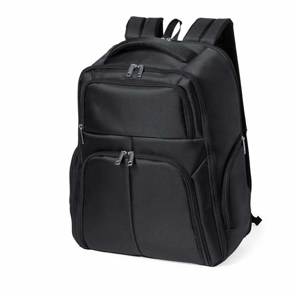 A black backpack with multiple compartments and zippers, featuring padded shoulder straps for comfort. Mauroz - Image 1
