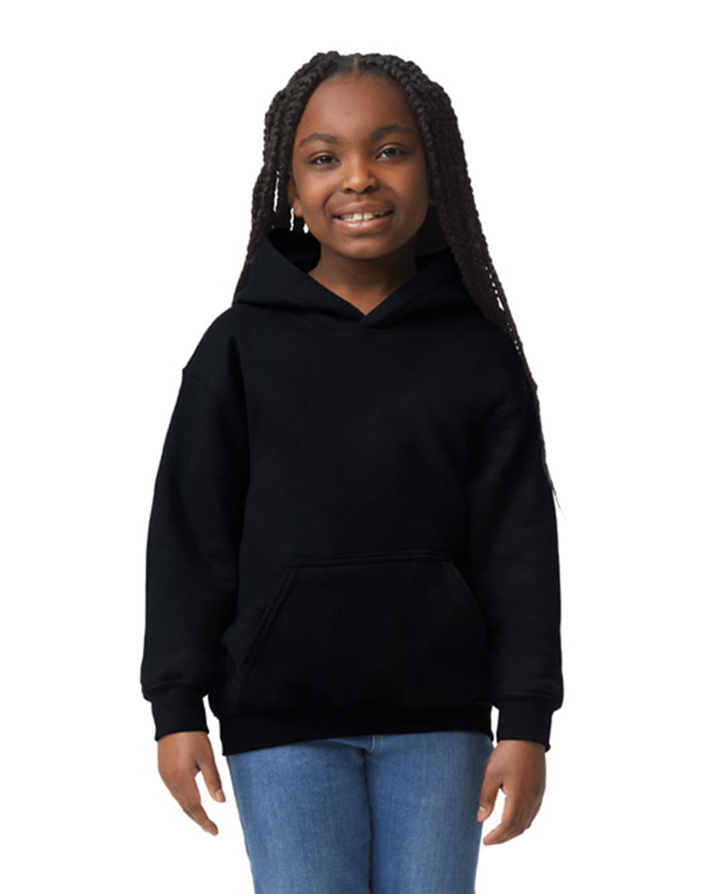 A black hooded sweatshirt for youth, featuring a front pocket and a hood, worn by a smiling girl. Gildan Heavy Blend Youth Hooded Sweatshirt - Image 1