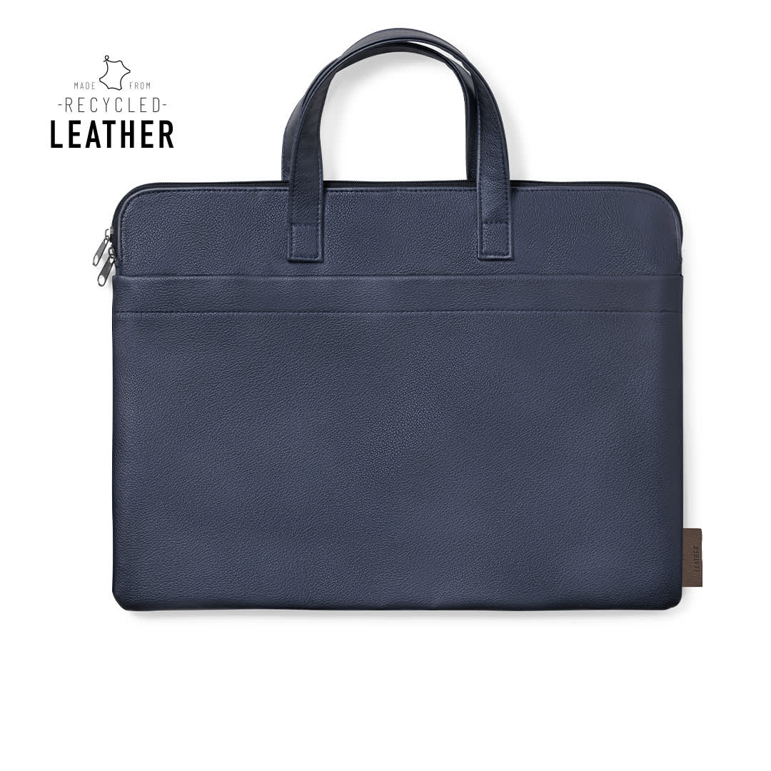A navy document bag with dual handles and a zip closure, made from recycled leather, featuring a logo. Poirel Document Bag - Image 1