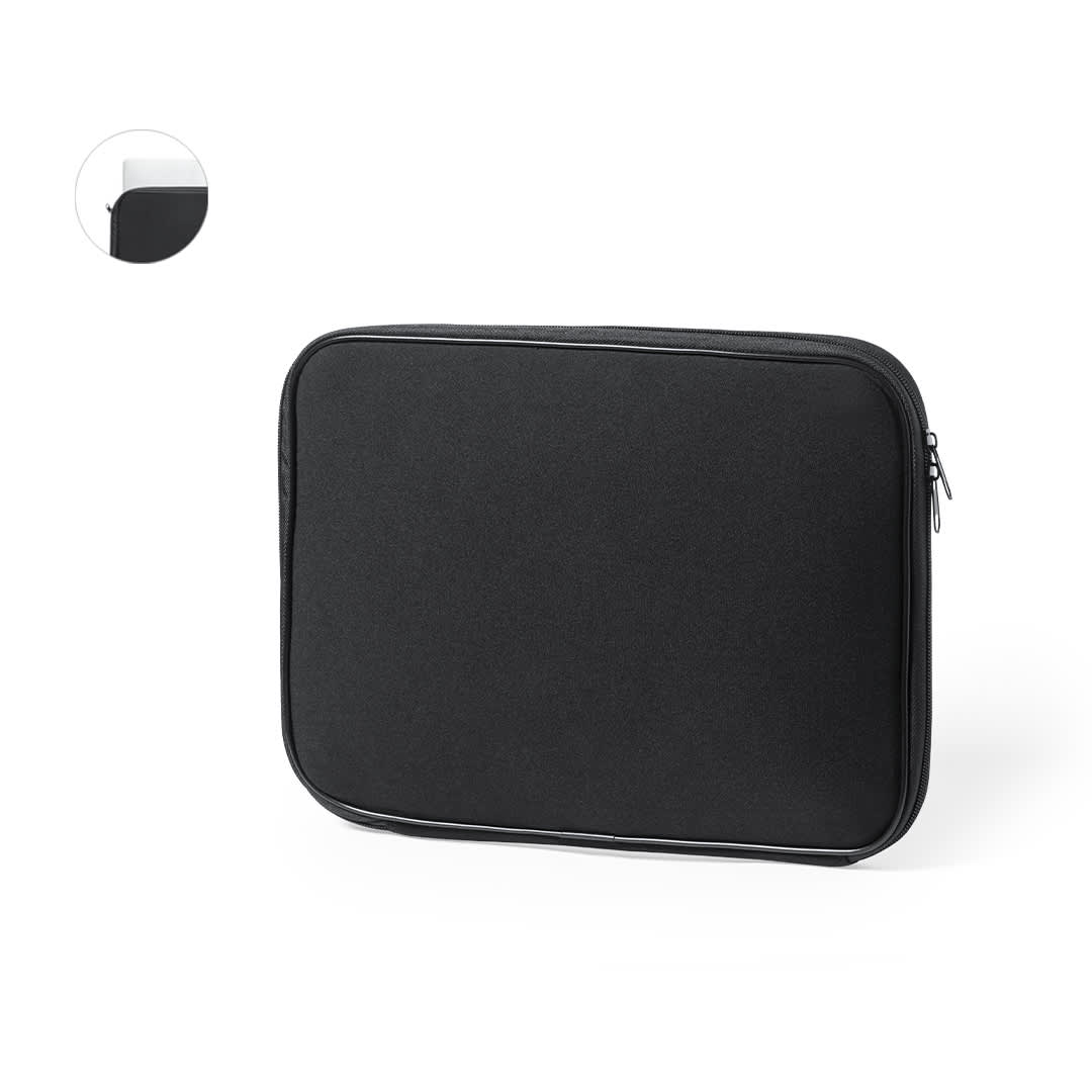 A black laptop pouch featuring a zip closure and a simple design, with a logo on the surface. Fobis Laptop Pouch - Image 1