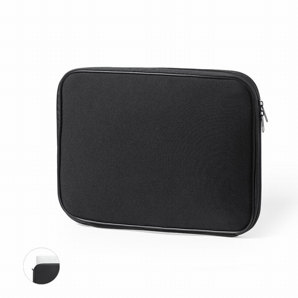 A black laptop sleeve with a zip closure and a contrasting white interior. Features a simple, sleek design. Jobik - Image 1