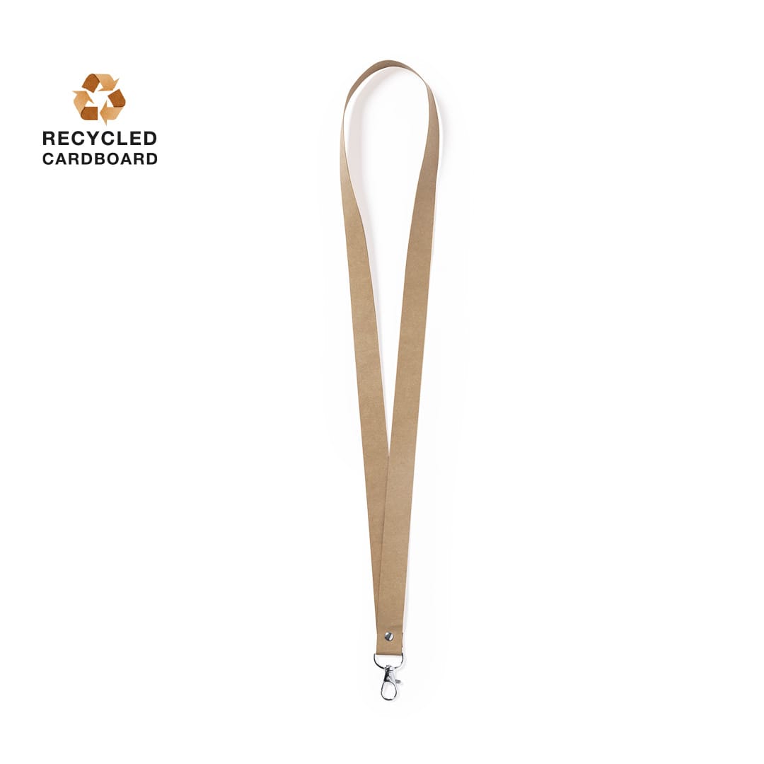 A tan lanyard made from recycled materials, featuring a clip for attachment and a logo in the corner. Nerthus Lanyard - Image 1
