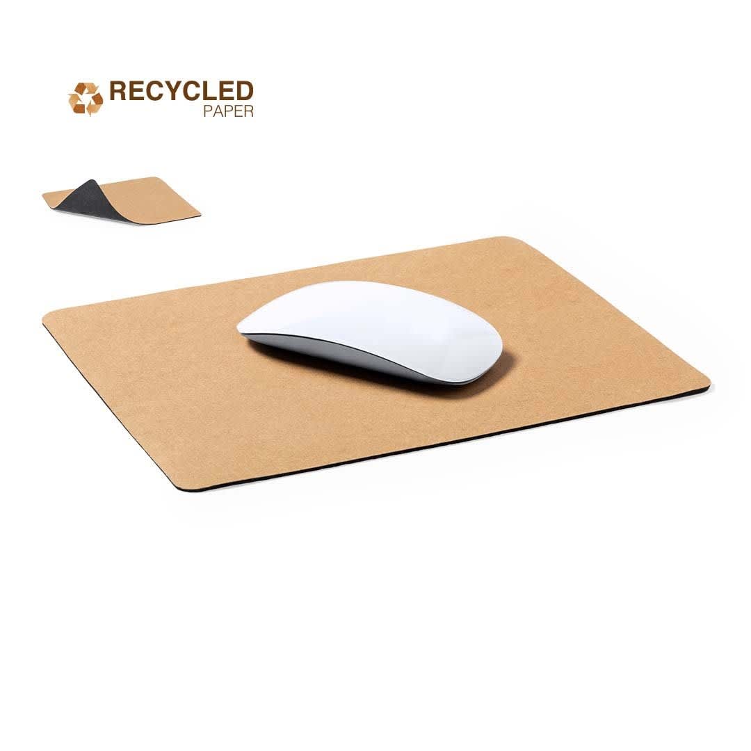A brown mousepad made from recycled paper, featuring a sleek white computer mouse on top. Sinjur Mousepad - Image 1