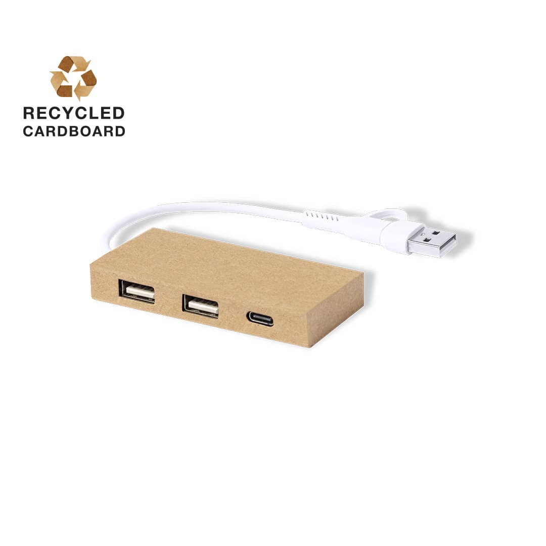 A beige USB hub made from recycled cardboard with two USB ports and one USB-C port, connected by a white cable. Hasgar USB Hub - Image 1