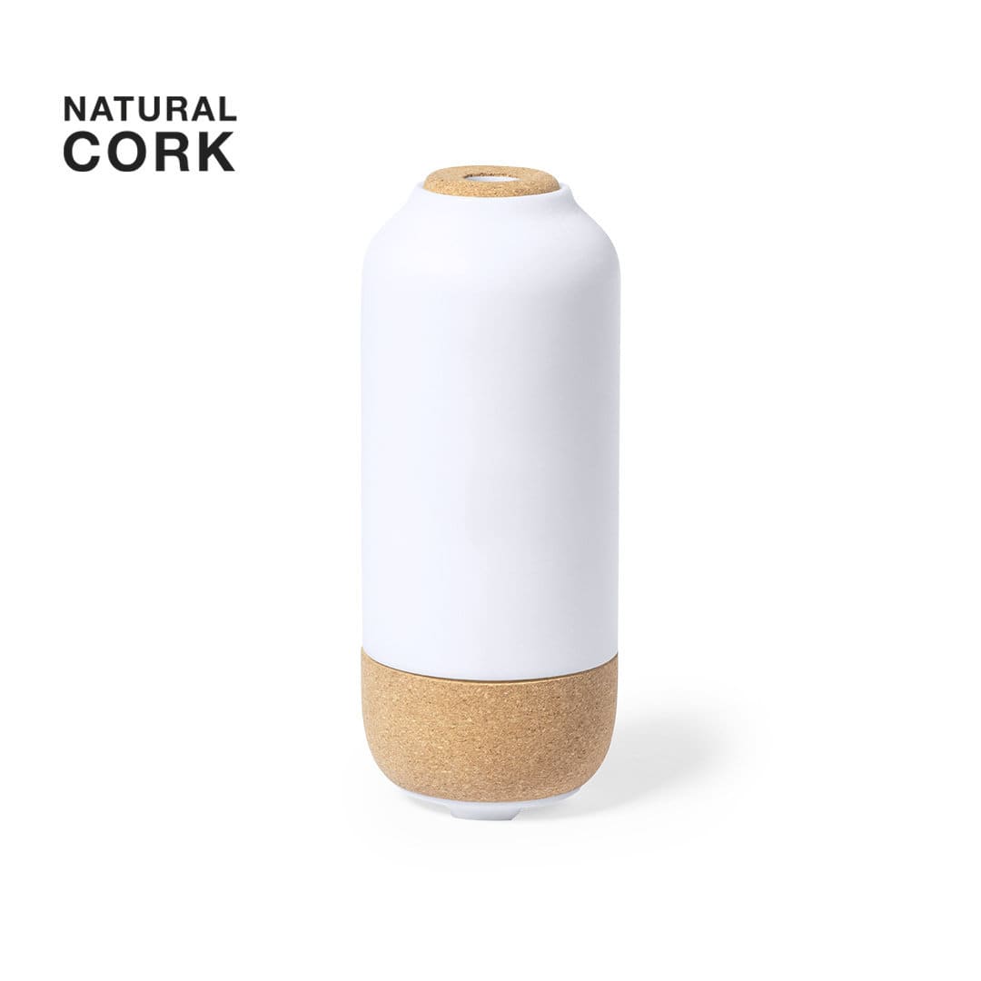 A drink bottle with a sleek white body and a natural cork base, featuring a minimalist design. Krougax - Image 1