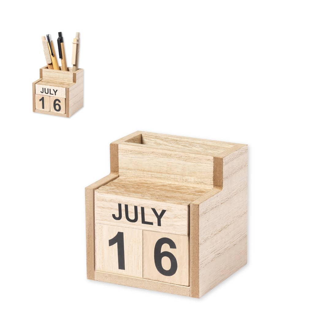 A wooden pencil holder with a calendar block displaying "JULY" and "16." It holds several pens and has a natural finish. Laorek Everlasting Calendar Pencil Holder - Image 1