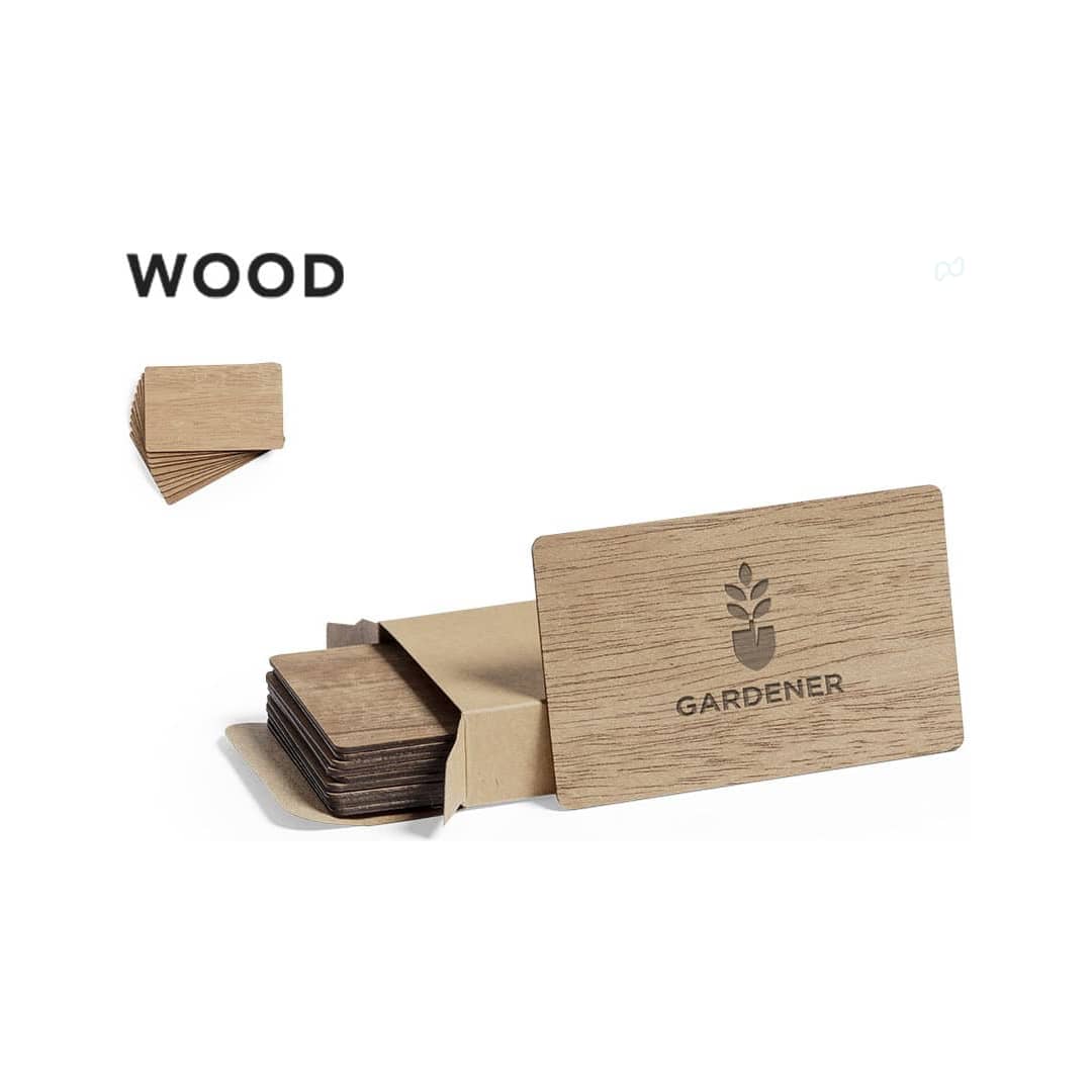 A wooden business card set displayed in a kraft paper box, featuring a logo and a natural wood finish. Inary Card Set - Image 1