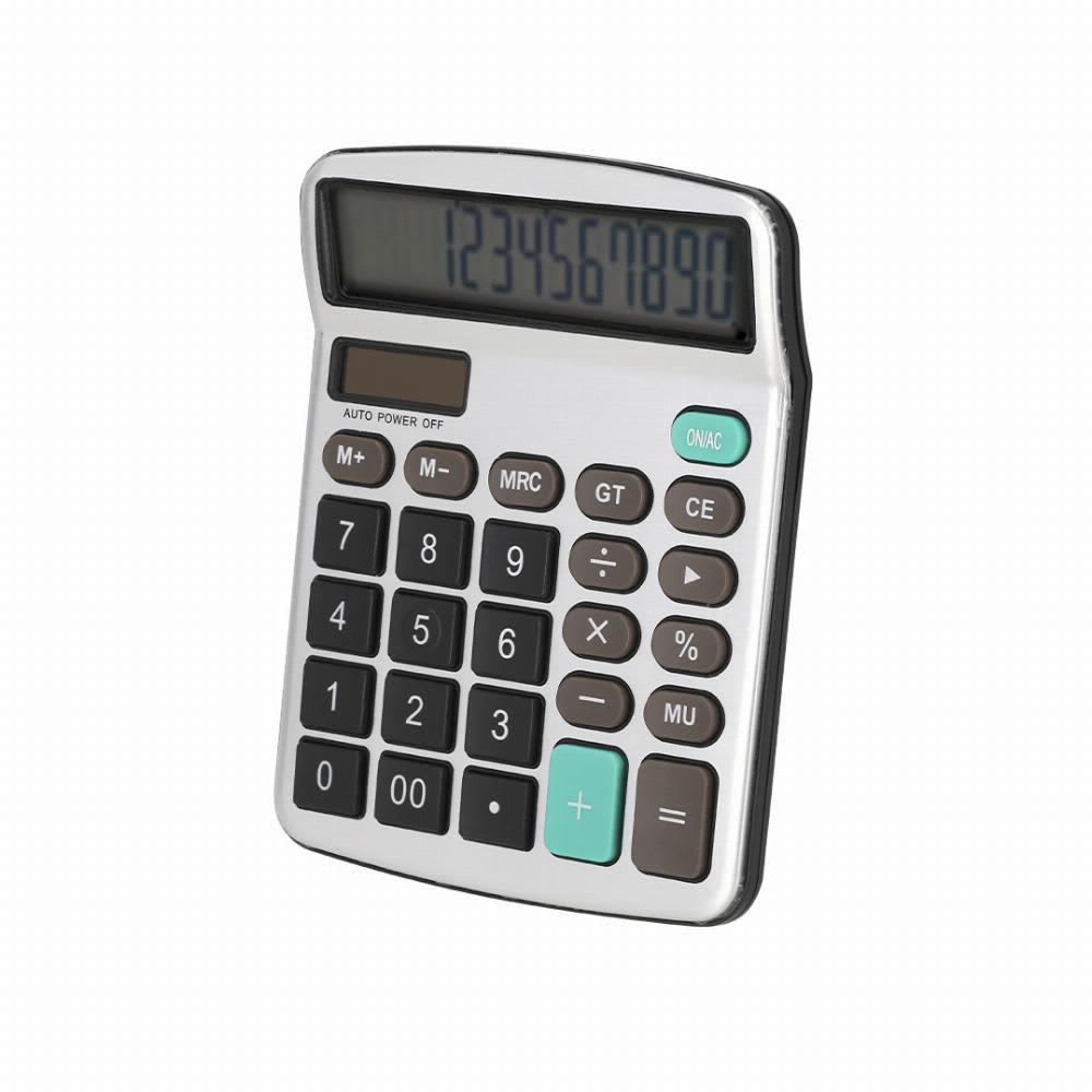 A metallic calculator in silver and black with a digital display and a range of buttons in black and teal. Tueris - Image 1