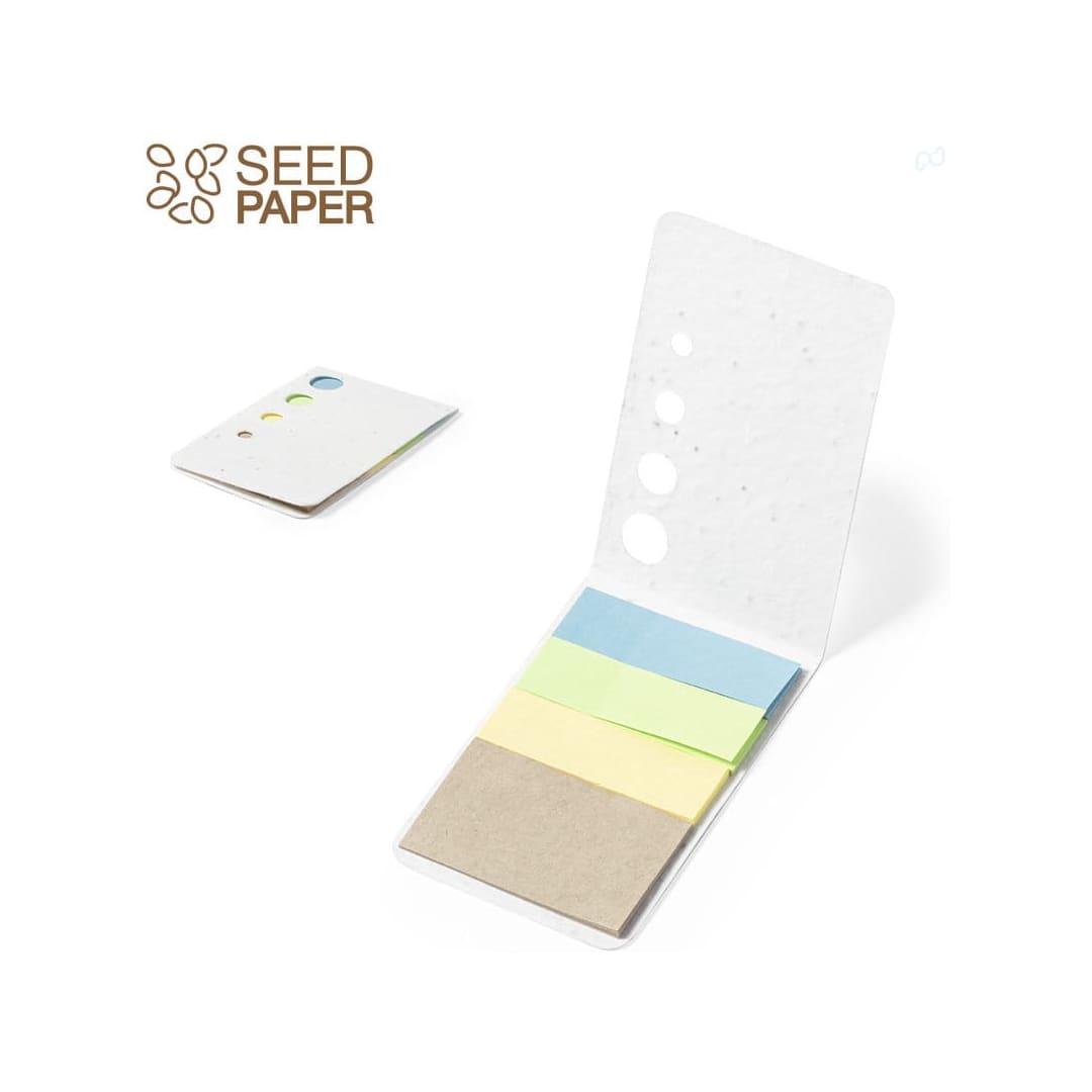 Amenti Seeds Sticky Notepad features pastel-coloured sticky notes in a white seed paper holder with a logo. Amenti Seeds Sticky Notepad - Image 1