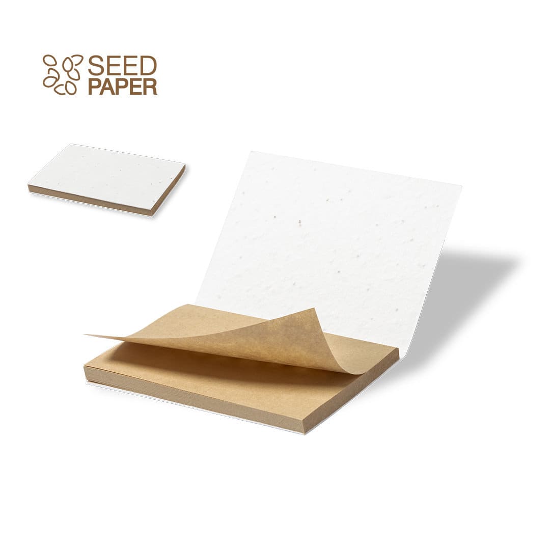 A sticky notepad featuring a white top sheet and a brown base, designed for eco-friendly note-taking. Zomek Seeds Sticky Notepad - Image 1