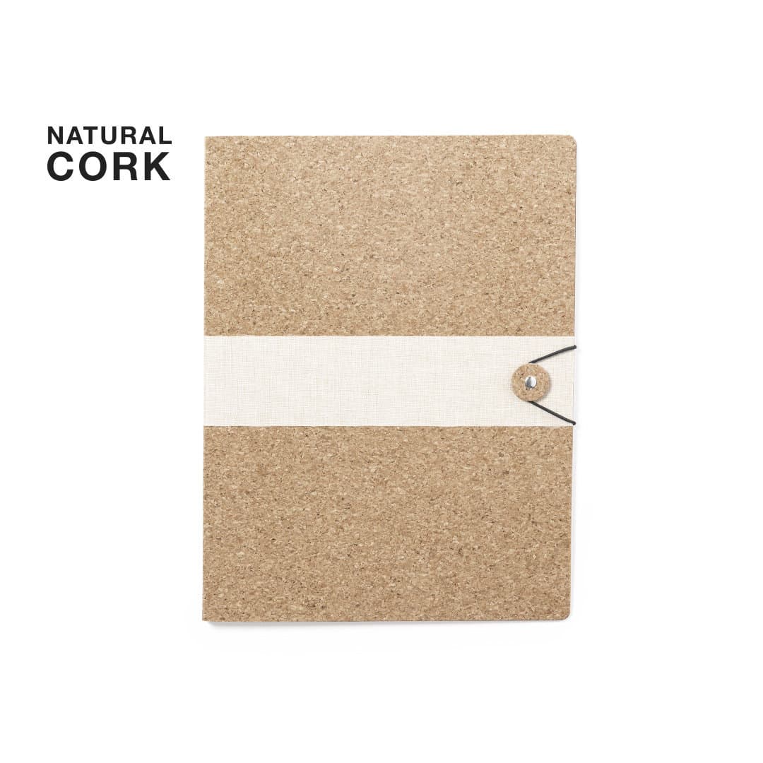 A natural cork folder with a cream band and a button closure, featuring a simple, textured design. Hendrus Folder - Image 1