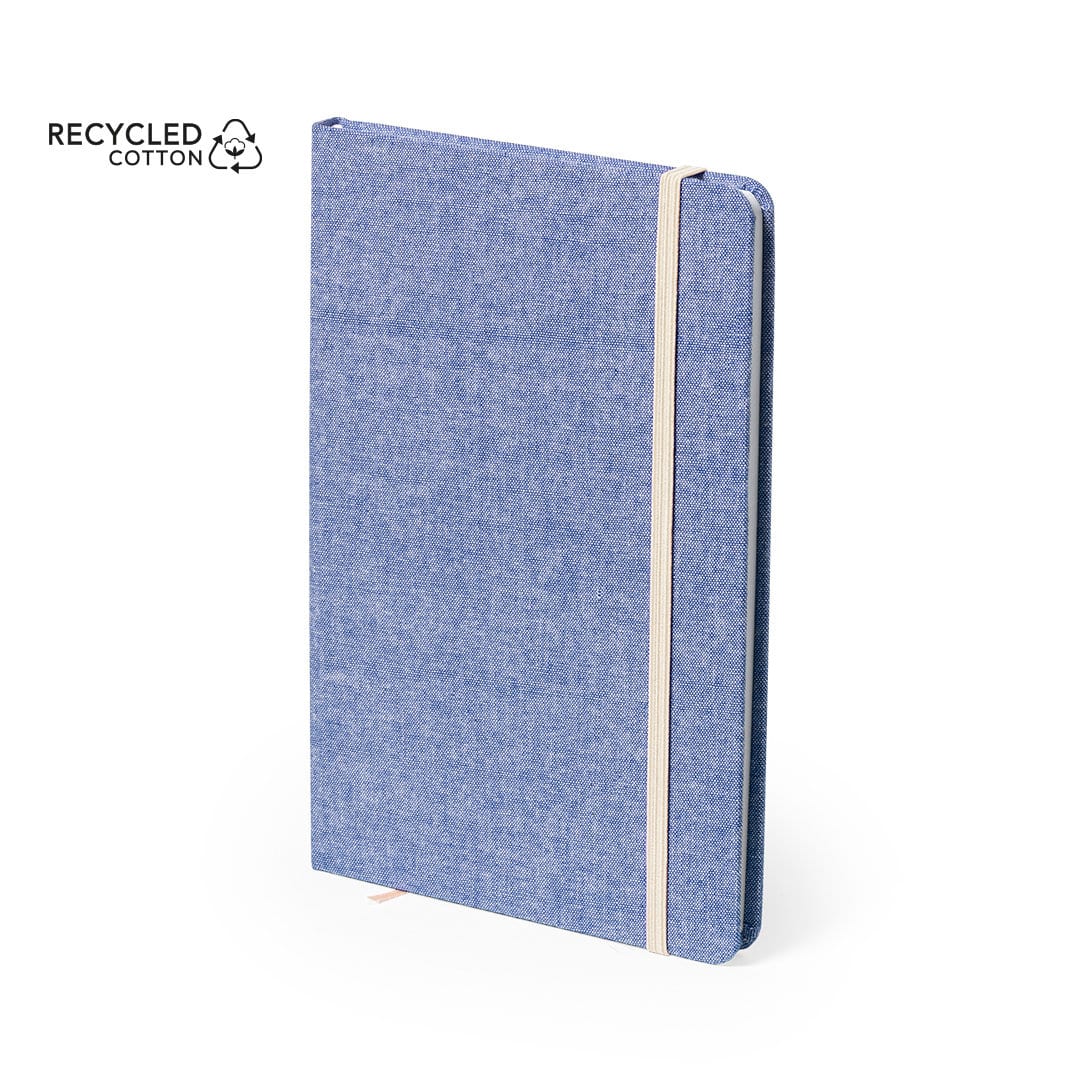A blue notepad with a textured cover and an elastic band closure, made of recycled cotton, featuring a logo. Chancy Notepad - Image 1
