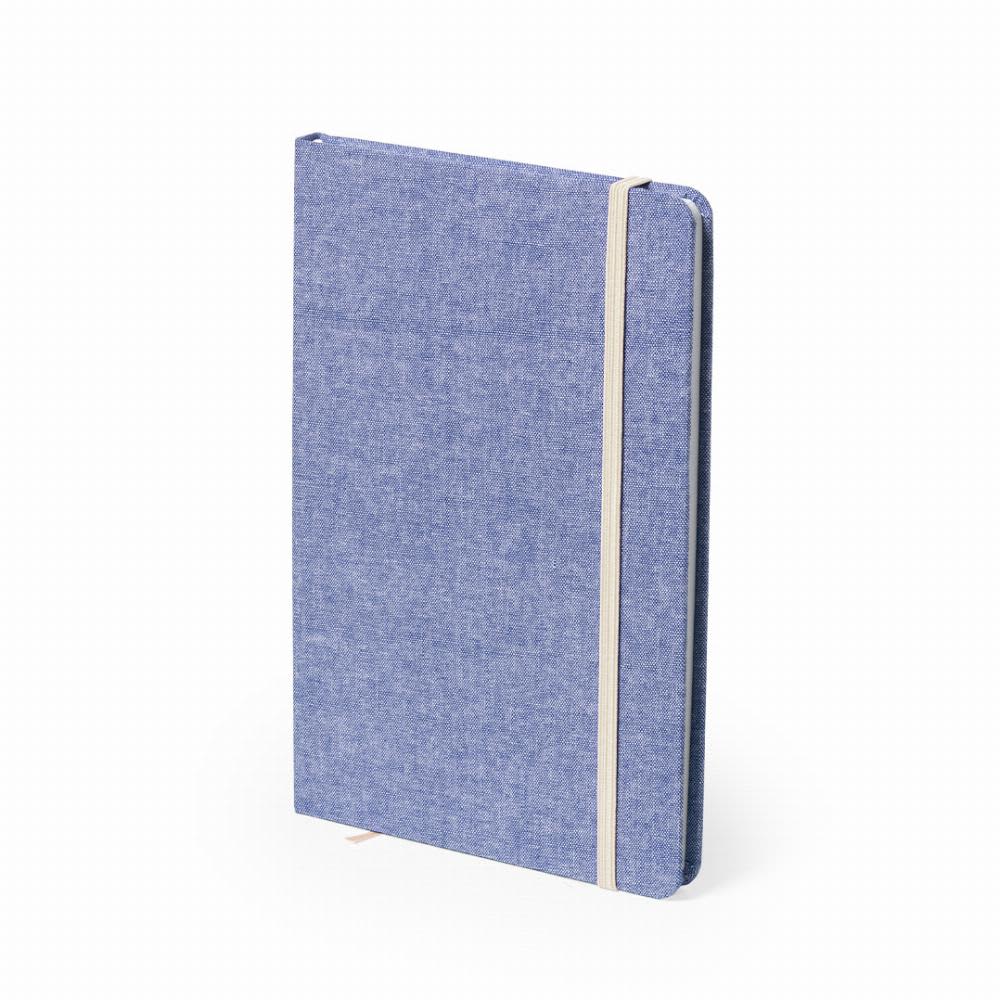 A notebook with a blue fabric cover and a cream elastic strap, featuring a clean, minimalist design. Chancy - Image 1