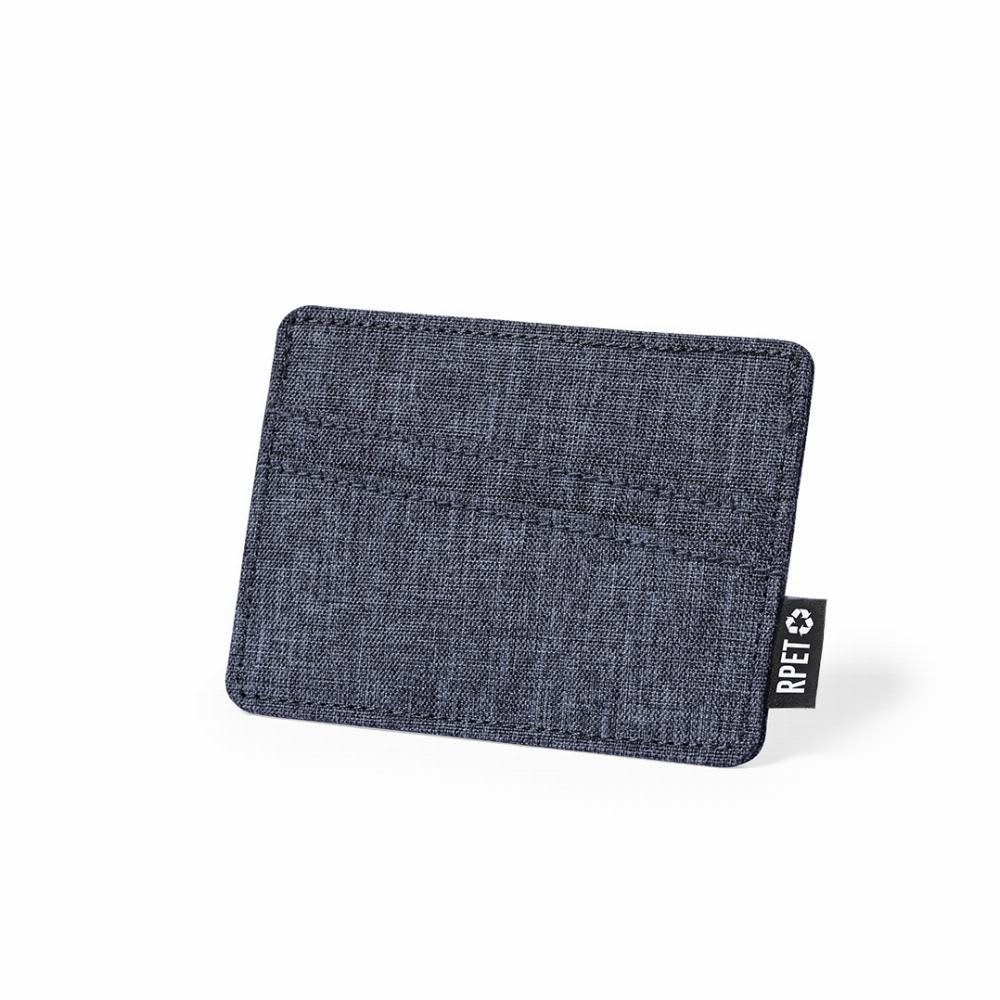 A cardholder in a textured dark grey fabric, featuring a tag that indicates it's made from recycled materials. Copek - Image 1
