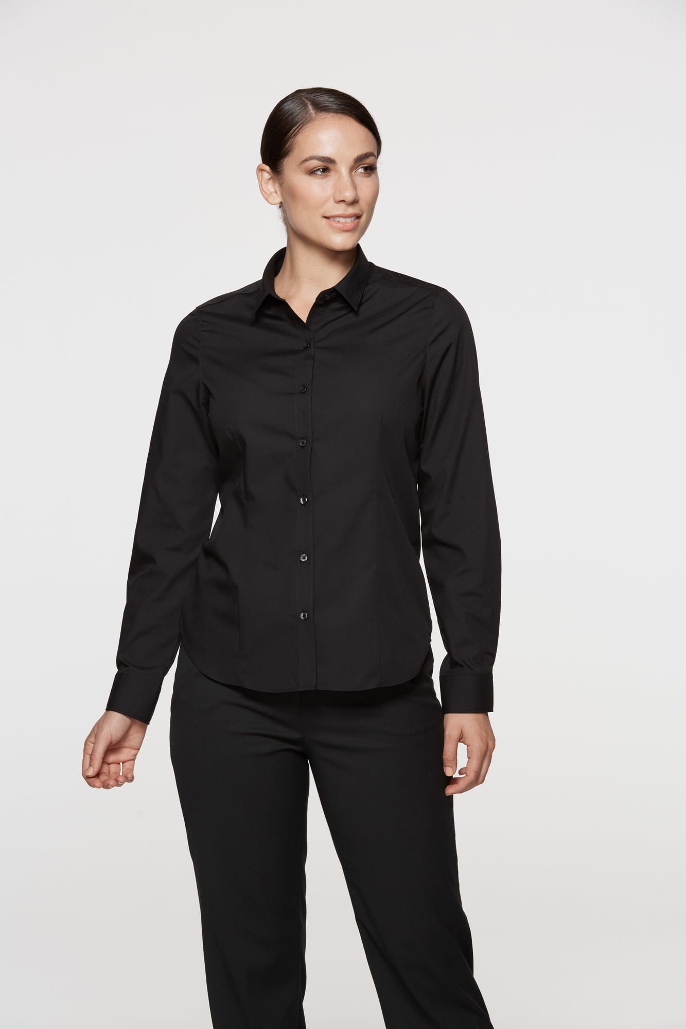 A black long sleeve button-up shirt for women, featuring a collar and a logo. KINGSWOOD LADY SHIRT LONG SLEEVE - Image 1