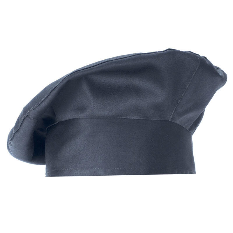 A black chef hat with a structured top and wide band. The hat has a smooth, shiny finish and a logo. Monet Chef Hat - Image 1