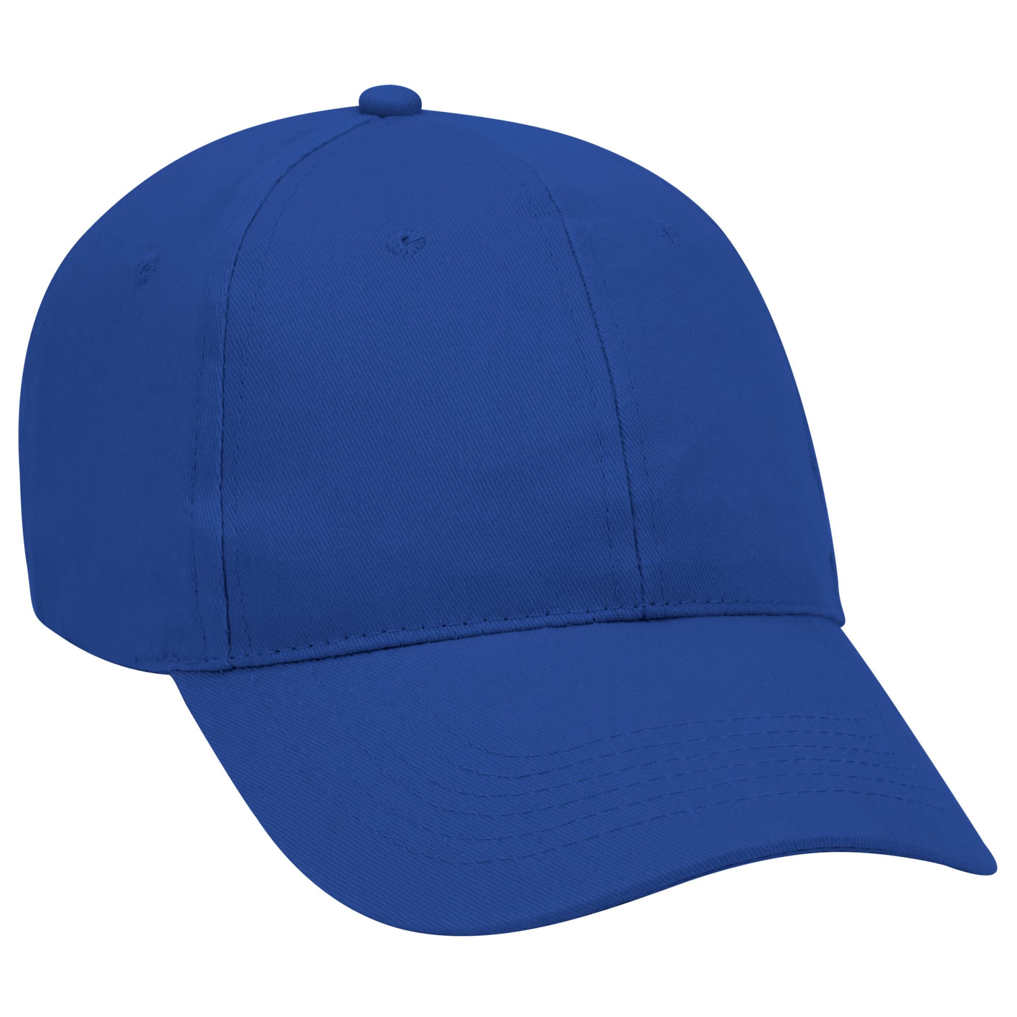 A blue 6 panel baseball cap featuring a curved brim and a logo. 6 Panel Low Profile Baseball Cap - Image 1