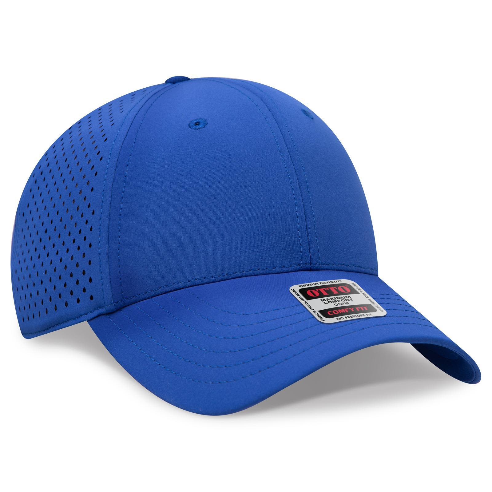 A blue 6-panel low profile perforated baseball cap with a branded logo on the front. 6 Panel Low Profile Perforated Baseball Cap - Image 1