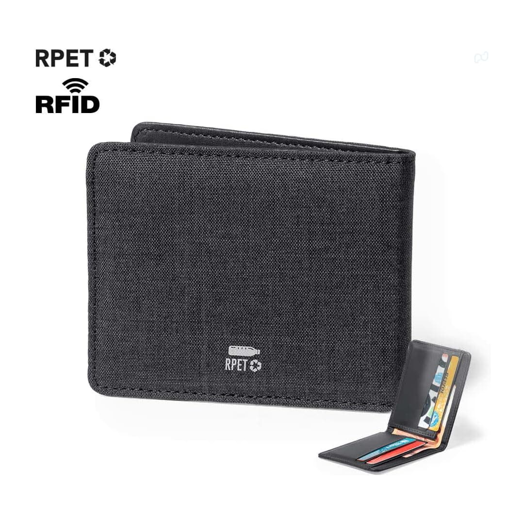 A black wallet featuring an RFID-blocking design with multiple card slots and a logo. Made from RPET material. Kenxo Card Holder Wallet - Image 1