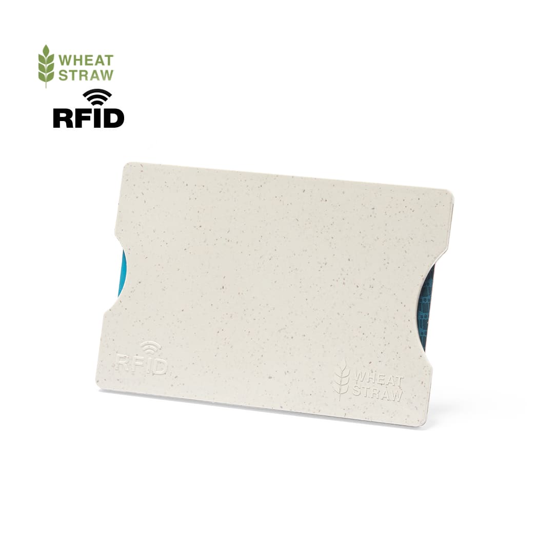 A business card holder in cream with a textured surface and an RFID logo. It features a branding imprint. Buguet Card Holder - Image 1