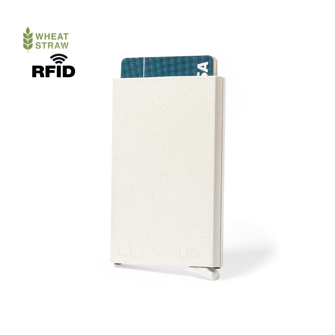 A white business card holder made from wheat straw, featuring an RFID-blocking design and one card partially inserted. Faxol Card Holder - Image 1