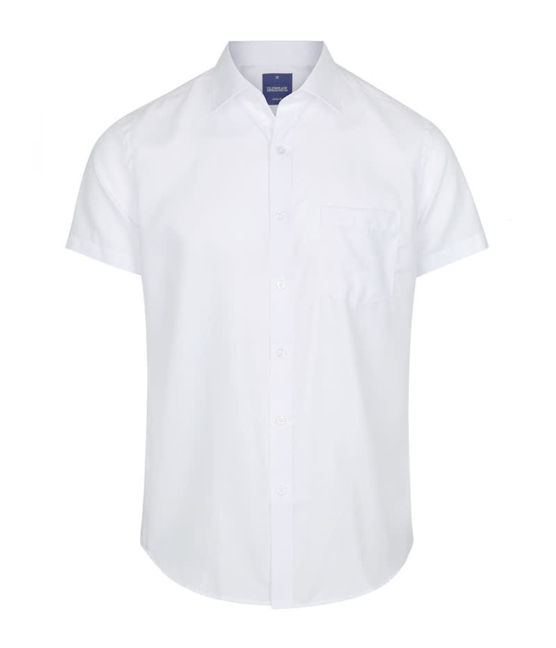 A short-sleeved button-up shirt in crisp white, featuring a single chest pocket and a branded collar. Ultimate White - Image 1
