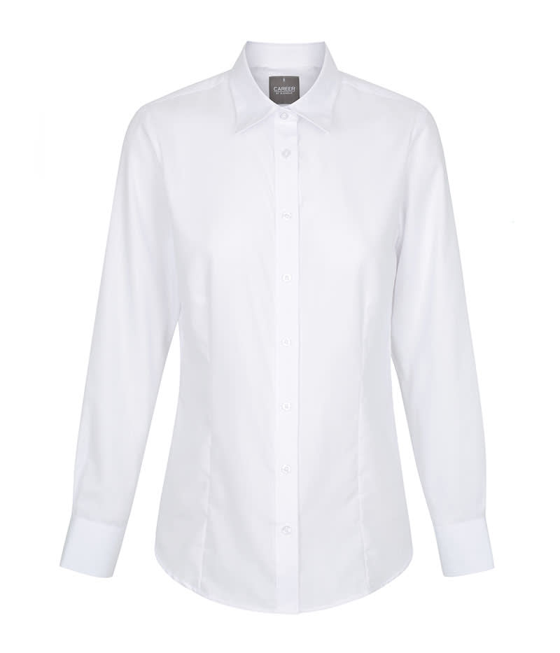 A button-up shirt in crisp white, featuring a classic collar and long sleeves, with a logo on the label. Ultimate White - Image 1