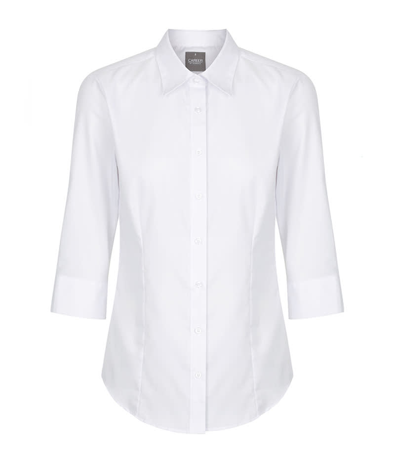 A white shirt with three-quarter sleeves and a collared neckline, featuring a button-up front and a small logo. Ultimate White - Image 1