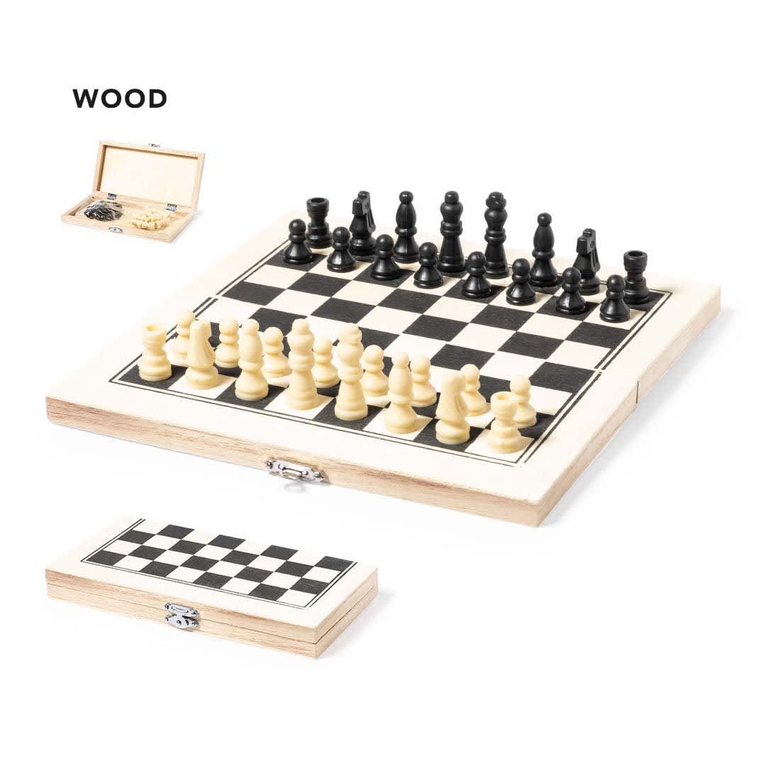 A wooden chess set featuring black and cream pieces on a checkered board, with a closed box displayed above. Blitz Chess - Image 1