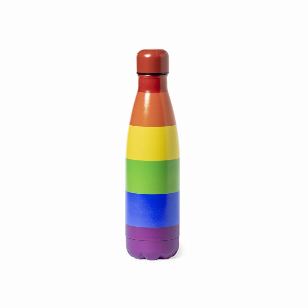 A drink bottle featuring horizontal stripes in red, orange, yellow, green, blue, and purple with a shiny finish and a black cap. Jedet - Image 1