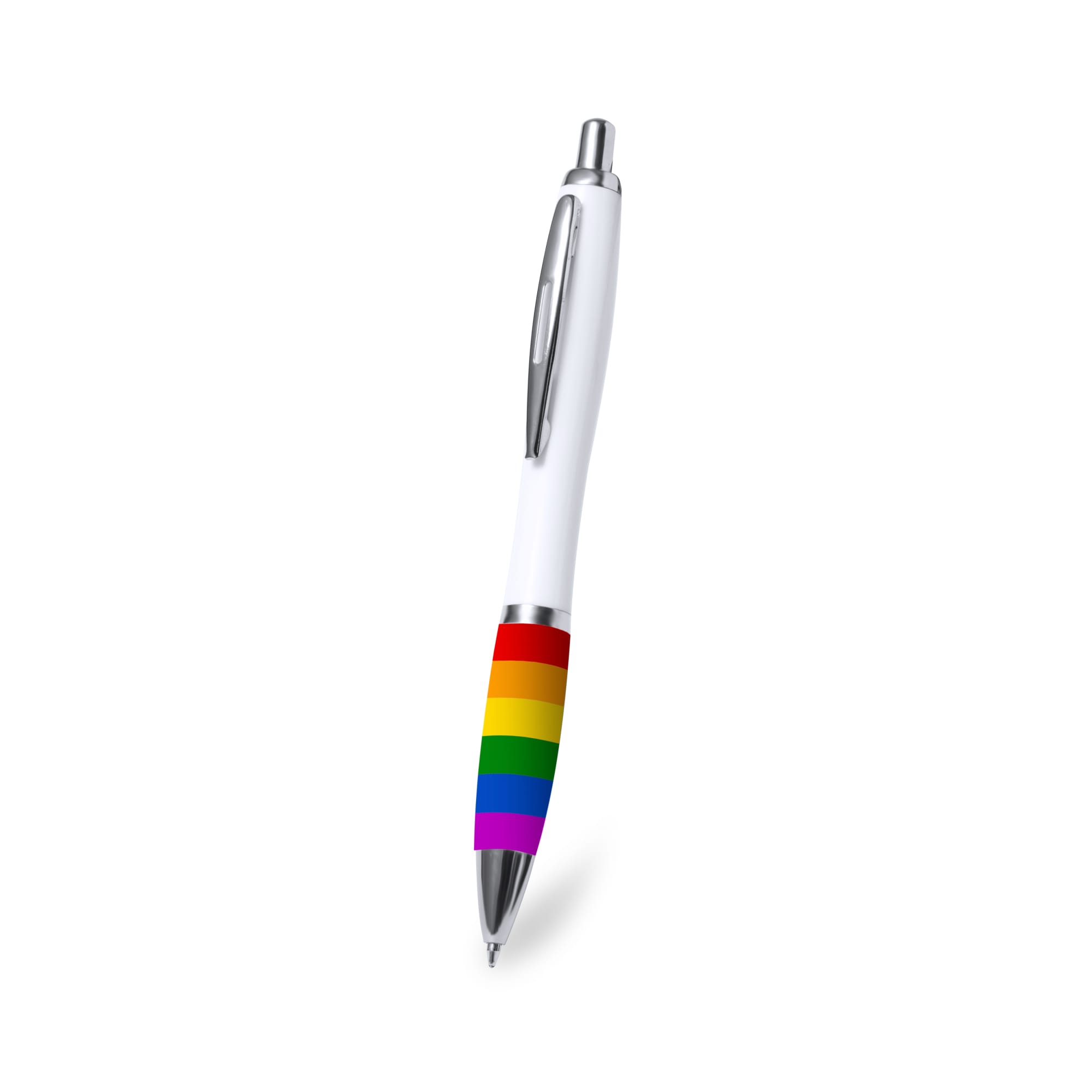 A pen with a white barrel and a multicoloured rainbow-striped grip, featuring a logo on the side. Poison Pen - Image 1