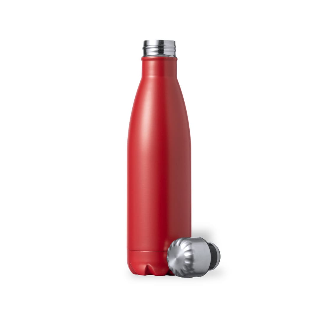 A drink bottle in bright red, featuring a silver screw cap and an additional grey lid. It has a logo on the side. Liyar Insulated Bottle - Image 1