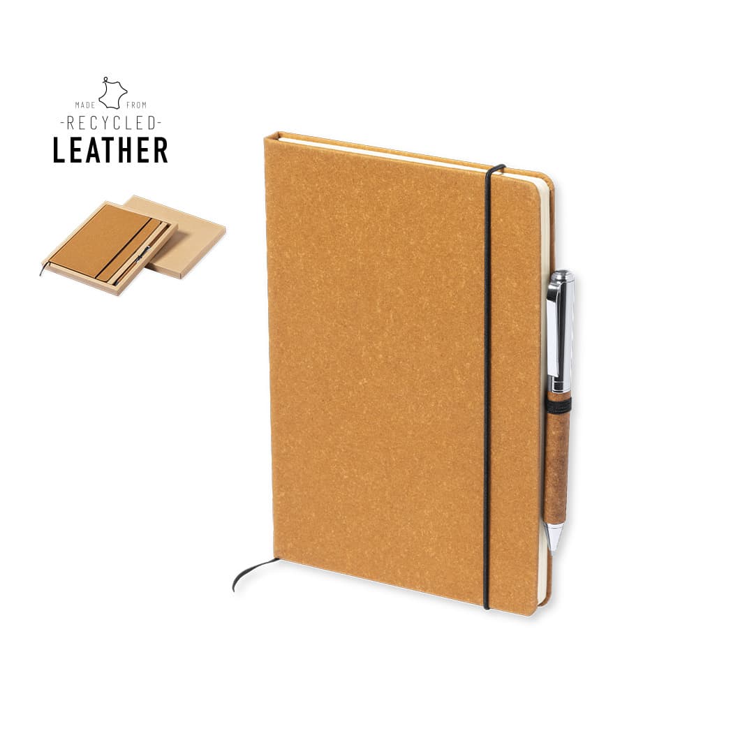 A recycled leather notebook in orange with an elastic band and attached pen. It features a logo on the top left. Nauthax Set - Image 1