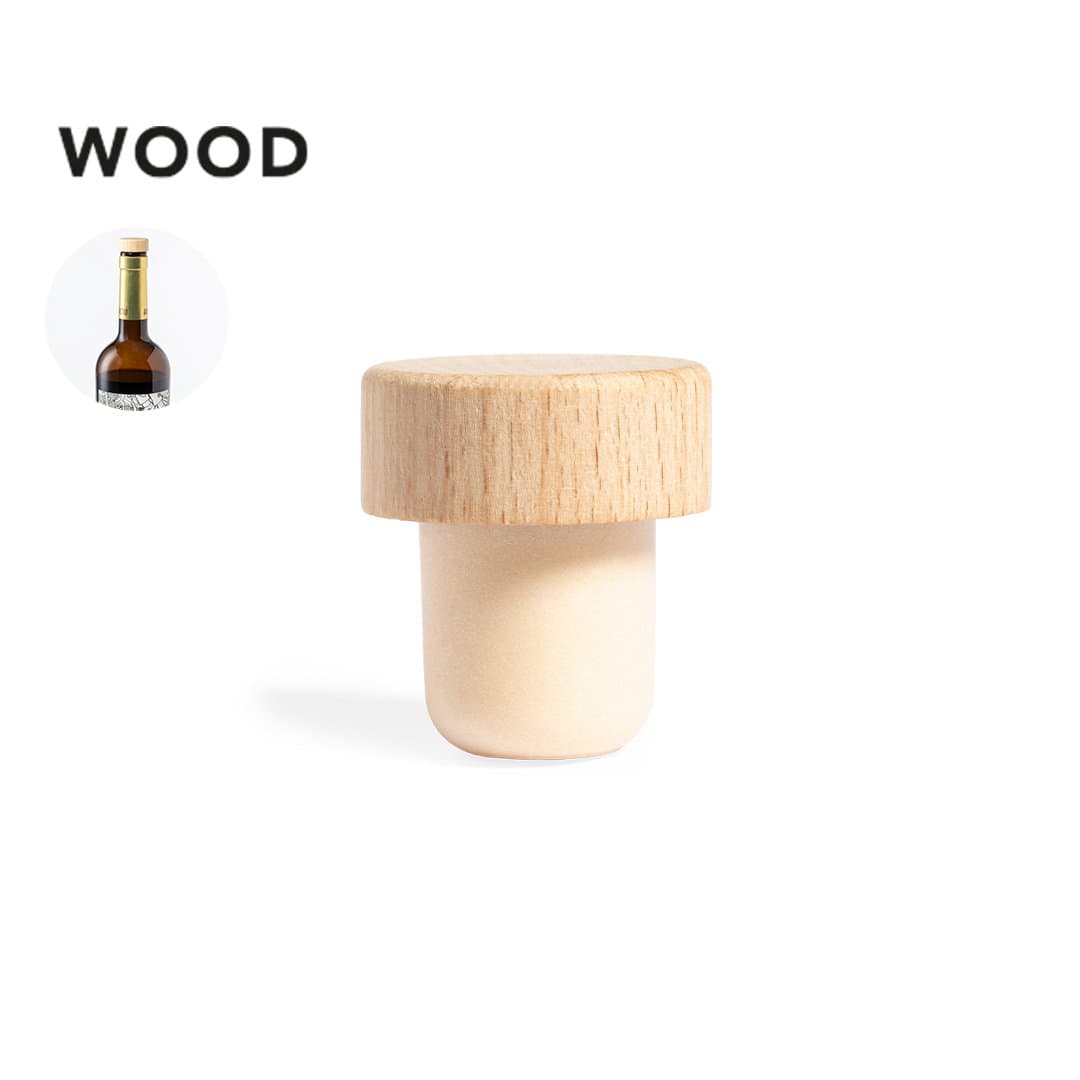 A drink bottle stopper made of wood, featuring a smooth finish and a rounded top. It has a simple, natural design. Filden Cap - Image 1