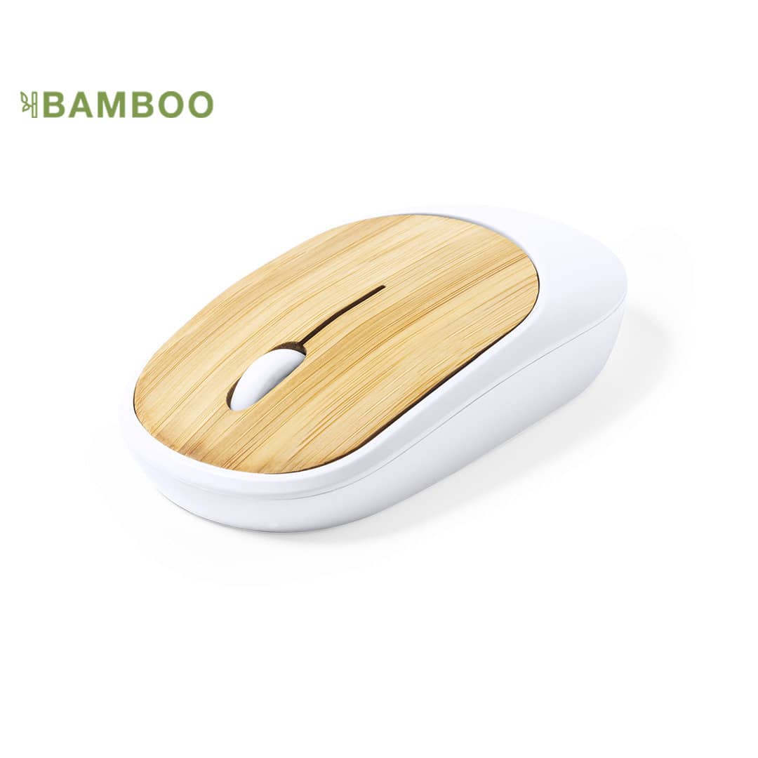 A mouse with a bamboo top and white base. The design features a minimalist aesthetic. Diguan - Image 1
