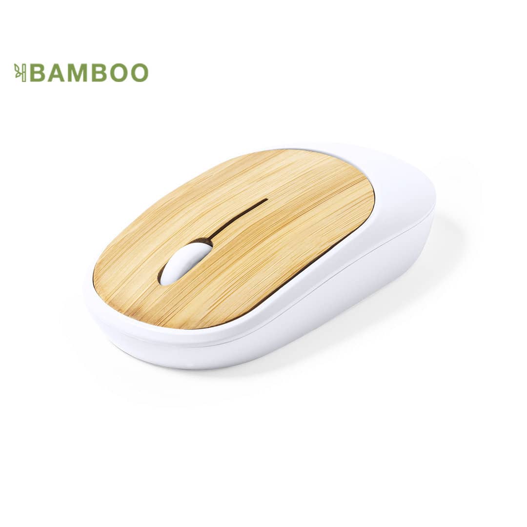 A bamboo wireless mouse with a white base and a smooth, natural wooden top. It features a sleek, modern design. Diguan Mouse - Image 1