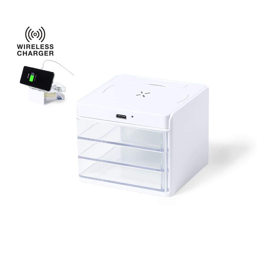 A white, square organiser with three clear drawers and a wireless charger feature on top. Macky Organizer Charger - Image 1