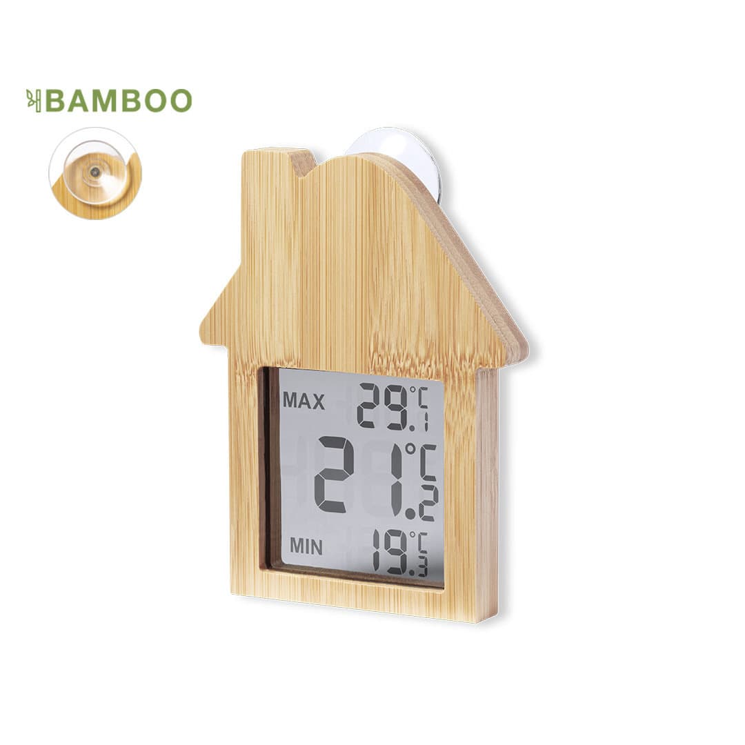 A bamboo weather station shaped like a house, displaying temperature readings in a digital format. Yenen Weather Station - Image 1