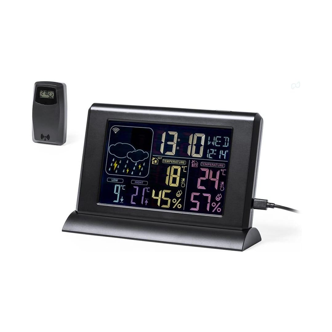 A black weather station displaying time, temperature, humidity, and weather icons, with a separate sensor unit. Lautar Weather Station - Image 1