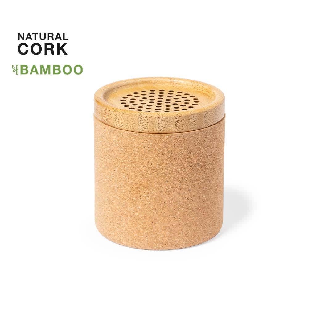 A natural cork and bamboo speaker in a cylindrical shape, featuring a perforated top for sound. Mirintex Speaker - Image 1