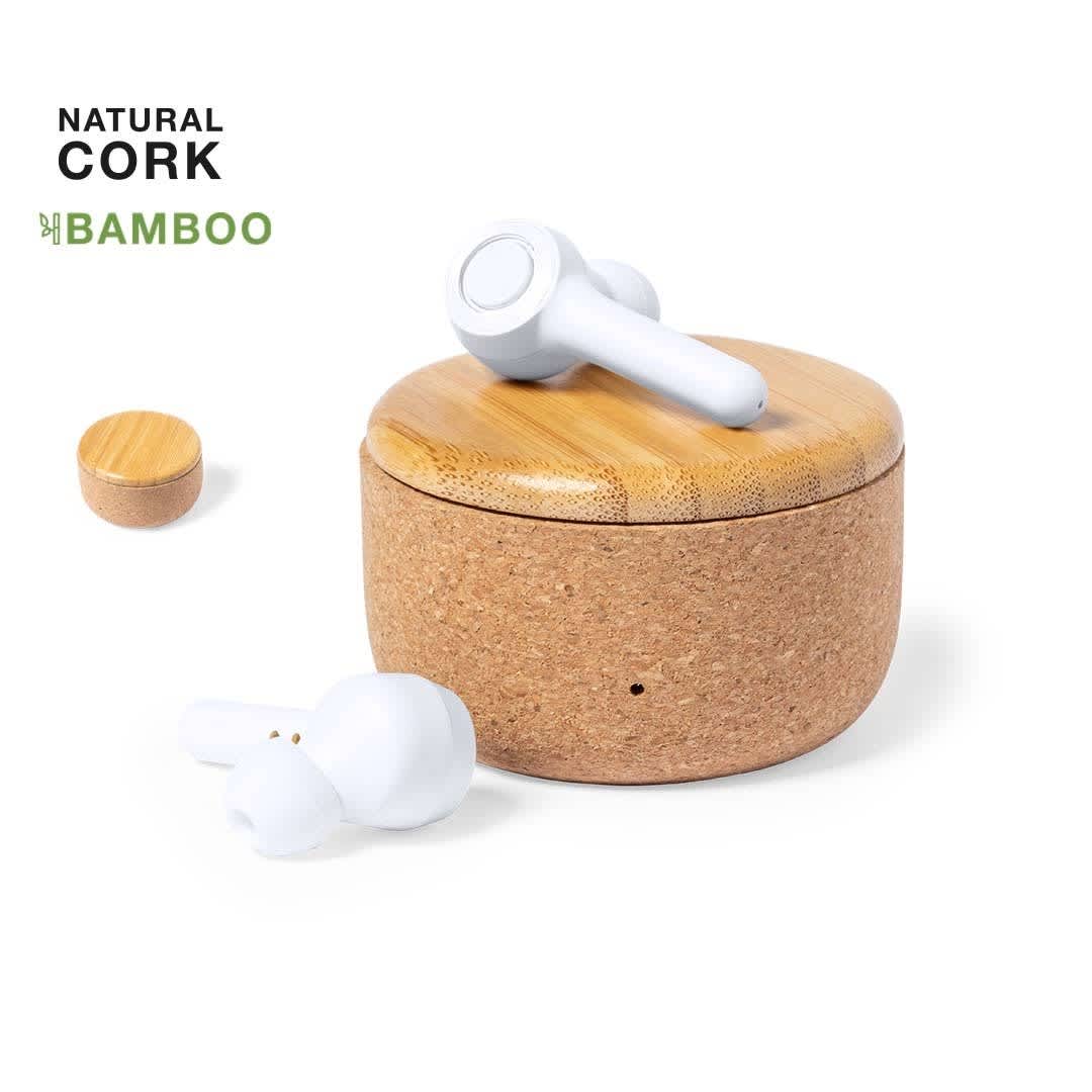 A pair of white earphones rests inside a round, natural cork and bamboo case. The case has a smooth, wooden lid. Grigal Earphones - Image 1