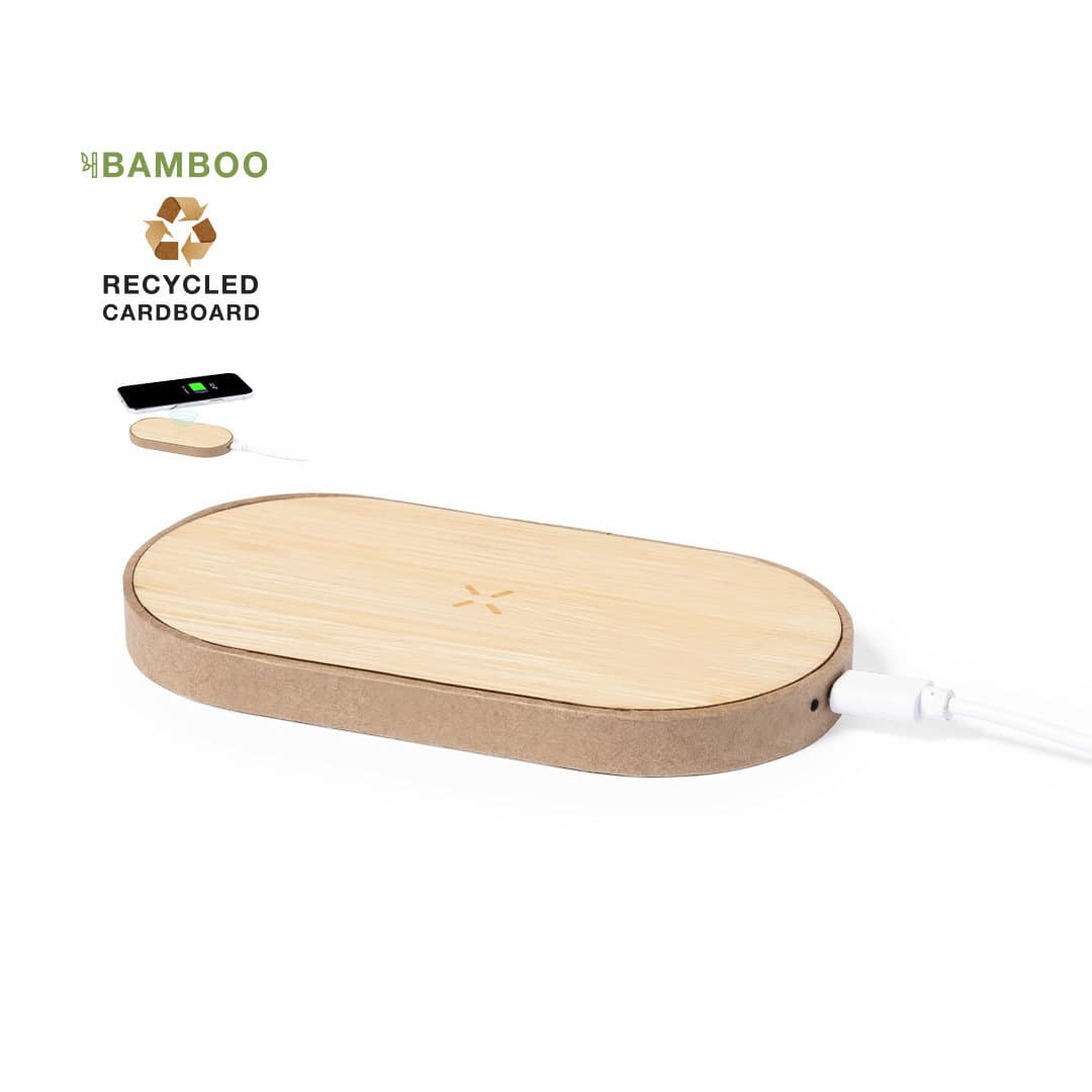 A bamboo wireless charger with a recycled cardboard base, featuring a minimalist design and a subtle logo. Tedey Charger - Image 1