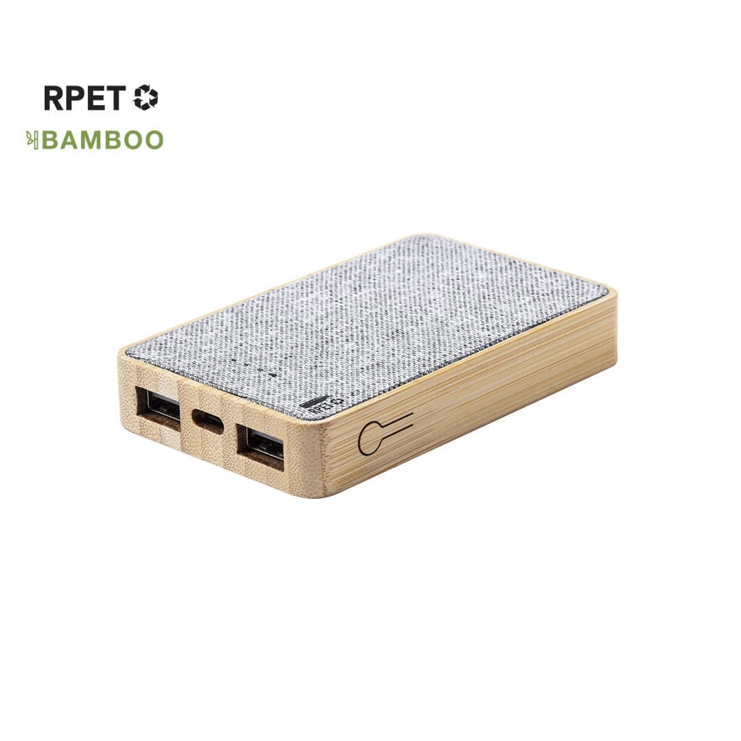 A bamboo and grey fabric power bank featuring two USB ports and a USB-C port, with a brand logo. Bralty Power Bank - Image 1