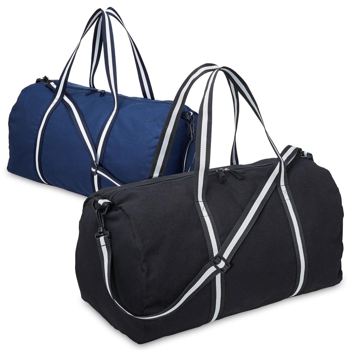 A canvas duffle bag in black and one in navy blue, both featuring contrasting striped handles and a logo. Canvas Duffle - Image 1
