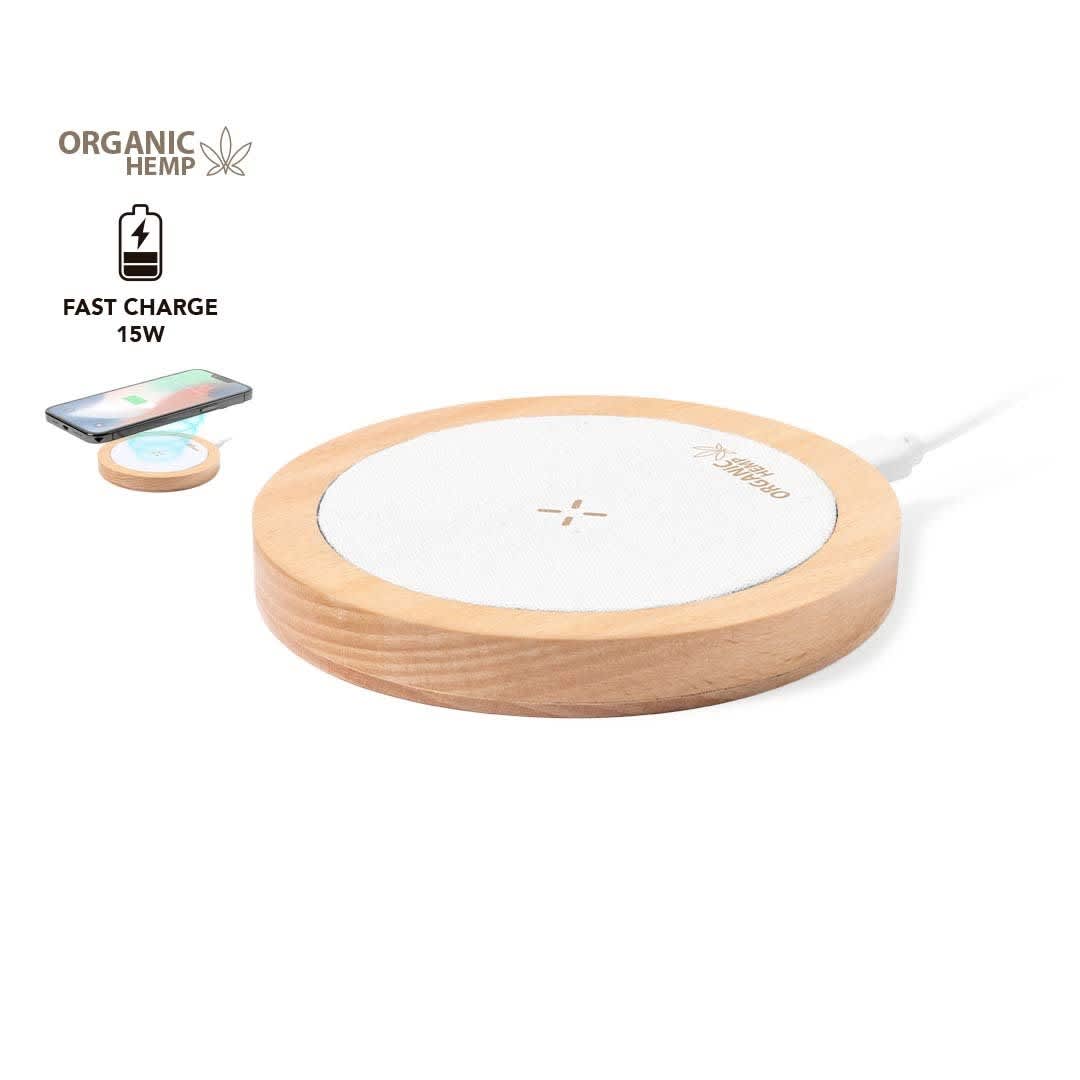 A wireless charger with a circular design featuring a white surface and a wooden base, includes a logo. Kuzgal Charger - Image 1