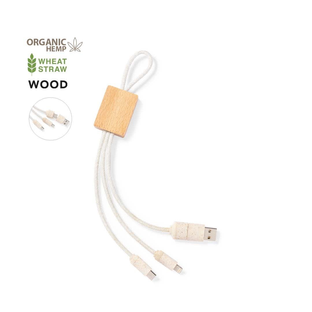 A charging cable in white with three connectors, featuring a wooden, rectangular holder. It has a logo and eco-friendly branding. Nuskir Charging Cable - Image 1