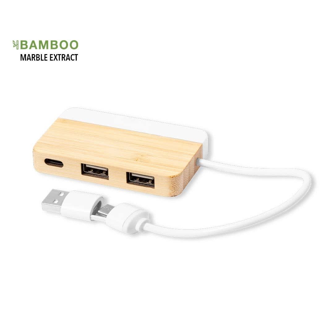 A USB hub with a bamboo and white finish, featuring two standard USB ports and one USB-C port. Layais USB Hub - Image 1