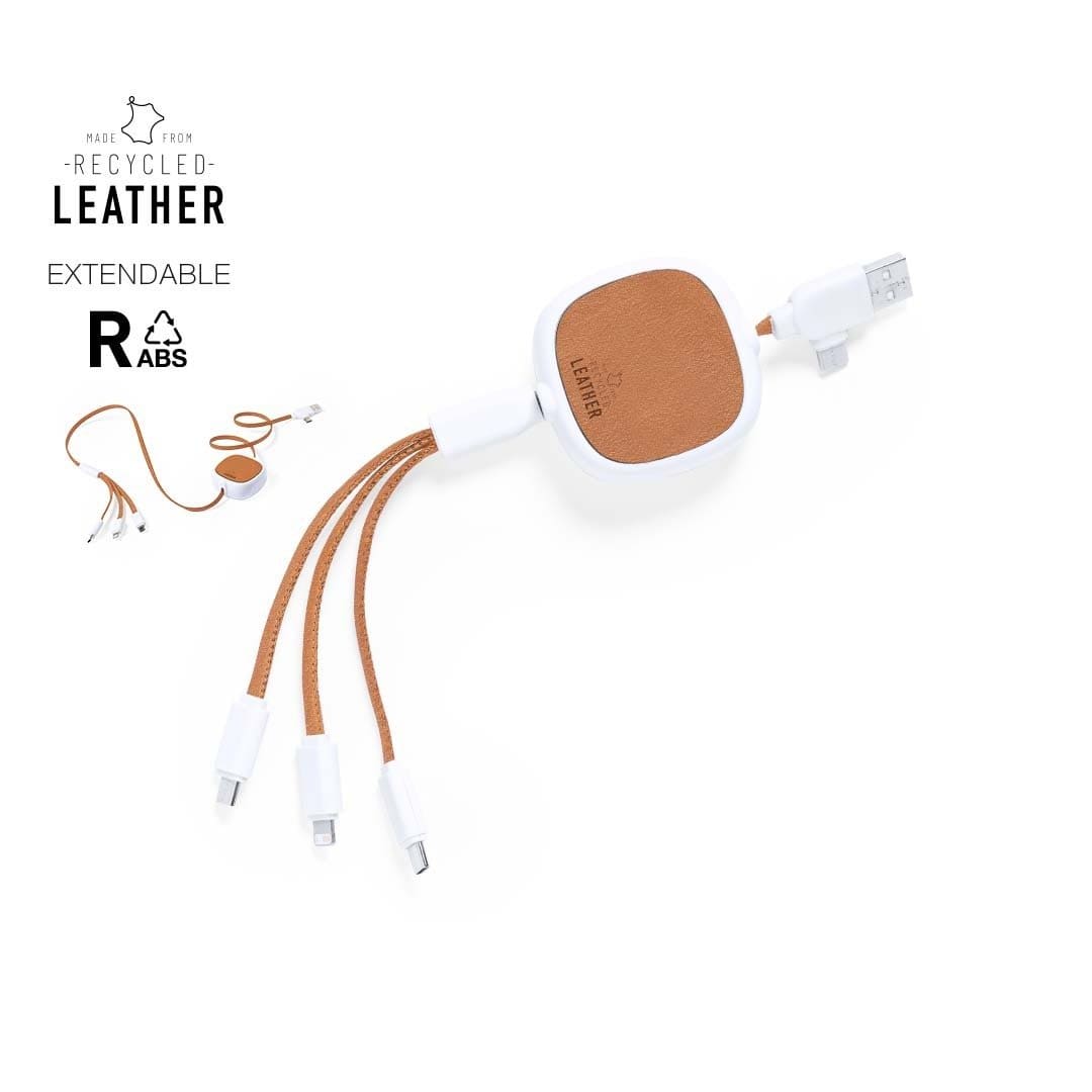 A multi-device charging cable with a square white base and brown recycled leather accents, featuring three detachable connectors. Sherat RCS - Image 1