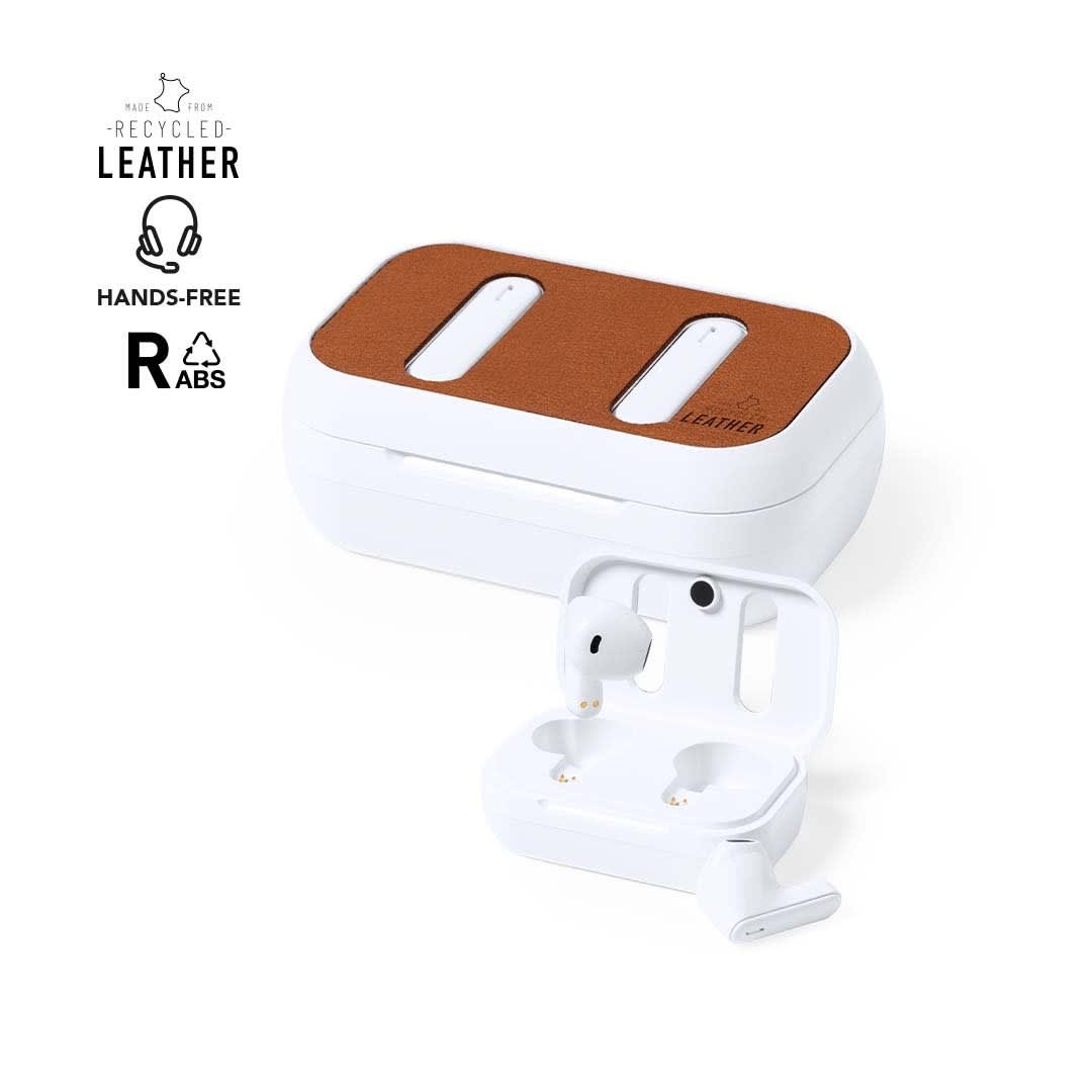 A pair of white earphones with a brown recycled leather case featuring a logo. Shizar RCS Earphones - Image 1
