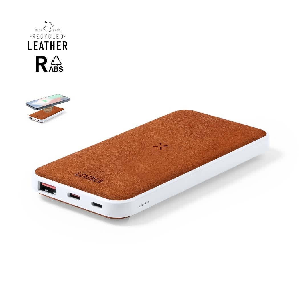 A power bank featuring a brown recycled leather exterior with white casing and multiple charging ports. Yerry RCS - Image 1